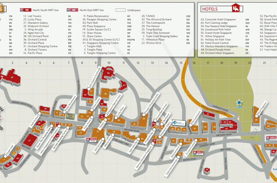 แผนที่รวมแหล่งช้อปปิ้งบนถนน Orchard Road